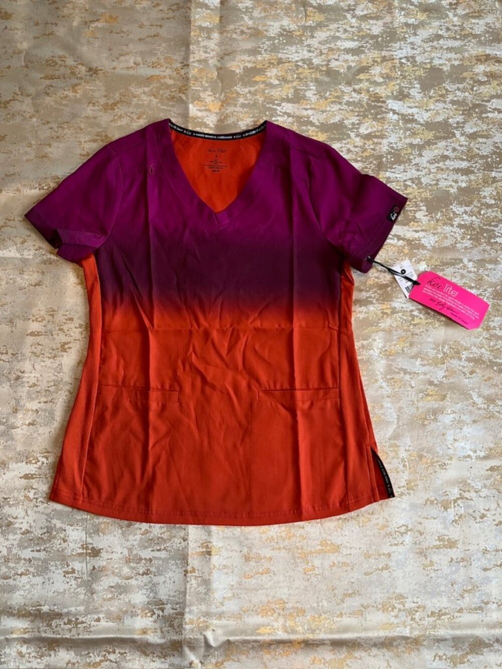 Koi Lite Reclaim Scrub Top Purple Orange Ombre Sz SMALL SLIM Fit Stretch Pockets